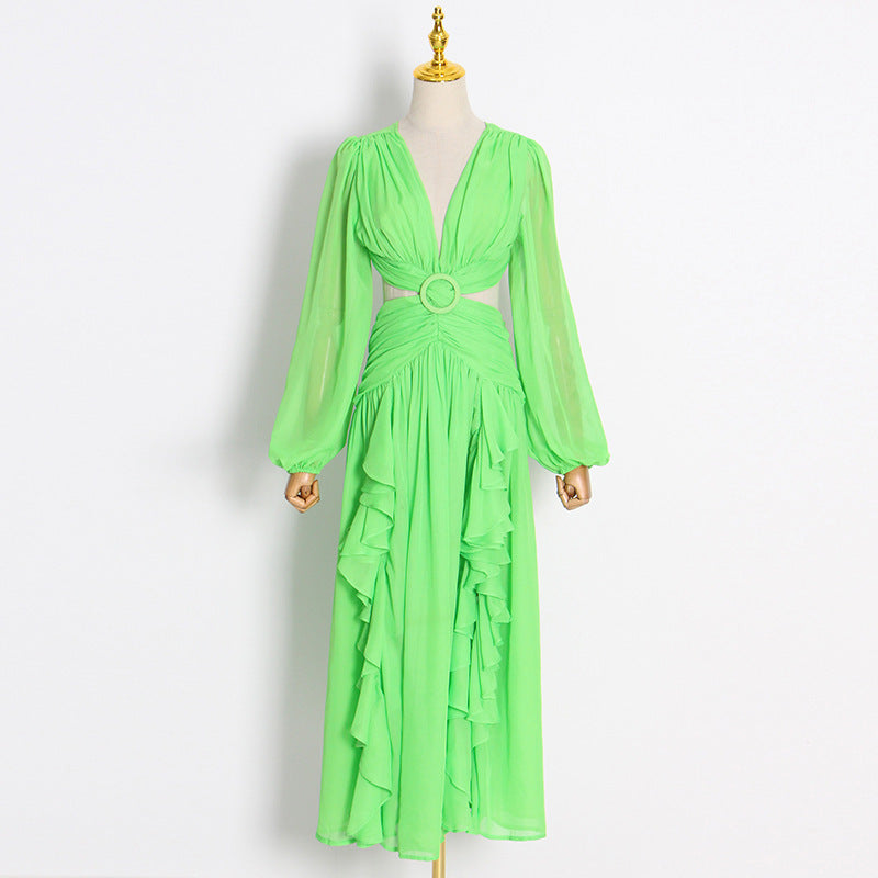 V-neck Long-sleeved Low-waist Lace-up Dress