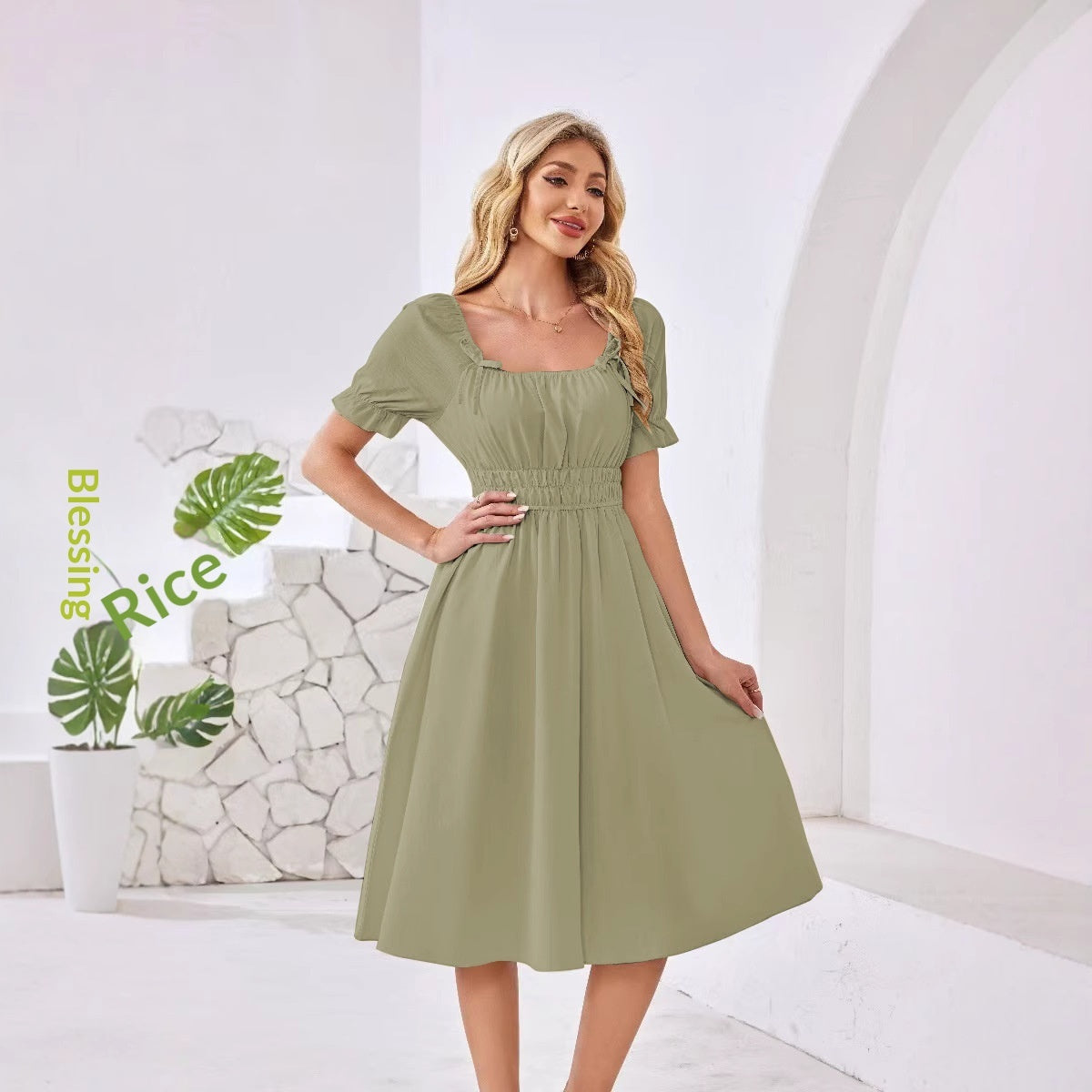 French-style Chic Square-Neck Puff-Sleeve Waist-Cinching Slimming Dress