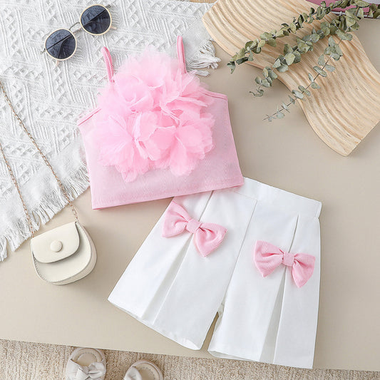 Solid Color Three-dimensional Flower Hanging Shoulder Clothes Fashion Shorts Two Pieces