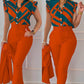 Ensemble haut et pantalon imprimé à manches volantées et ceinture, couleur unie