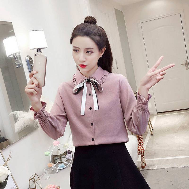 Cute Bow Top With Sweet Lace Long Sleeves