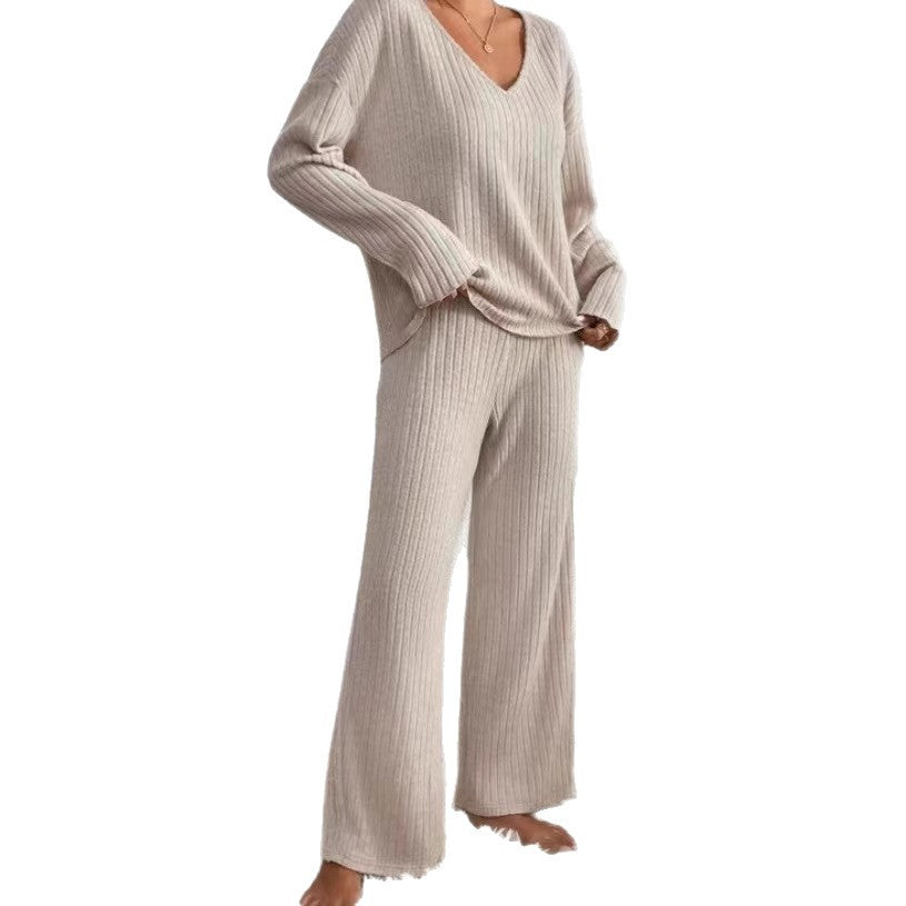Casual Straight-leg Pants With A Loose V-neck Ribbed Knit Set