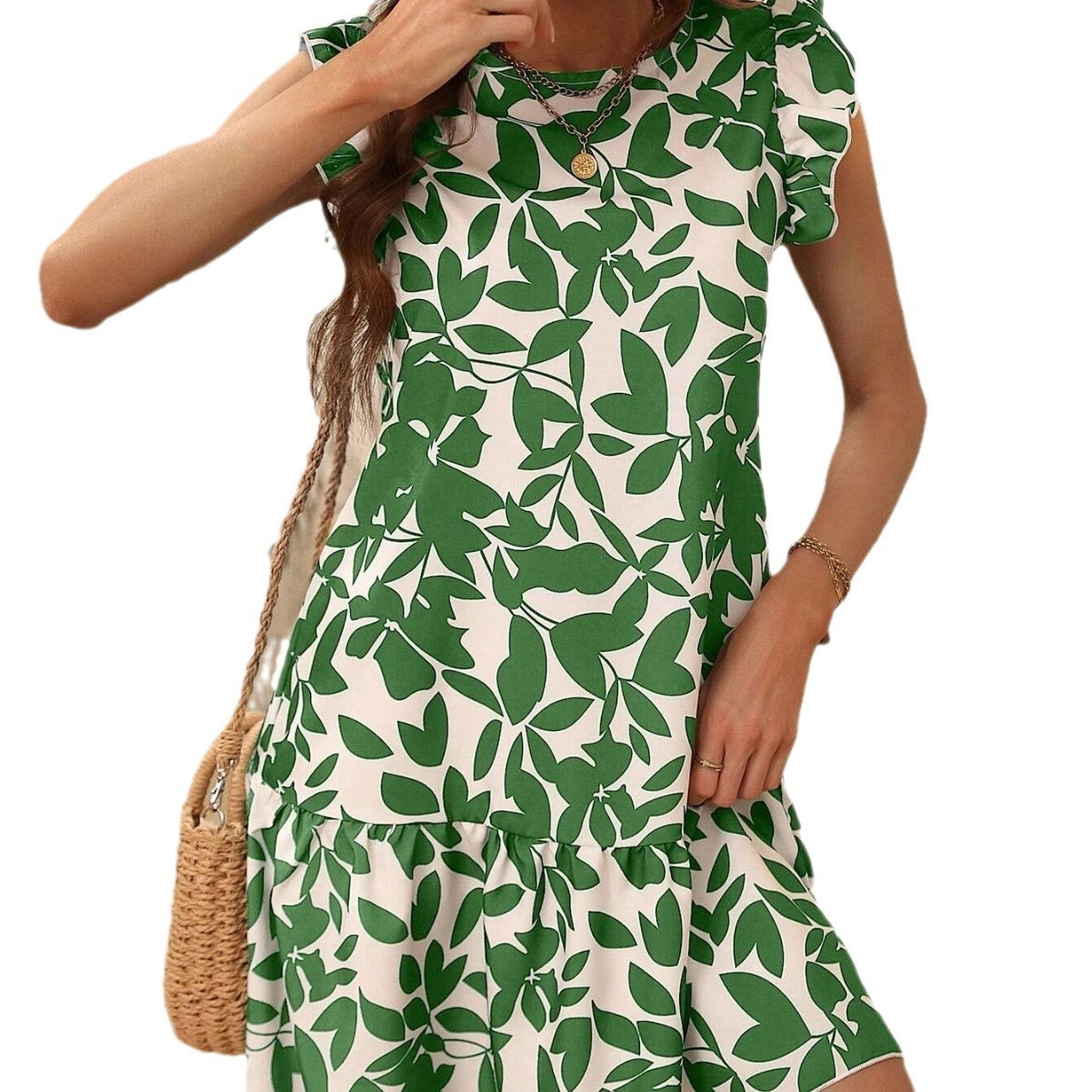 Women's Round Neck Printed Ruffles Dress
