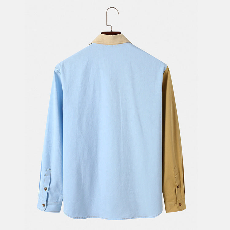 Men's Lapel Cardigan Color Block Long Sleeve Top