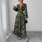 Women's V-neck Long Sleeve High Waist Dress Vacation Style Leaf Print