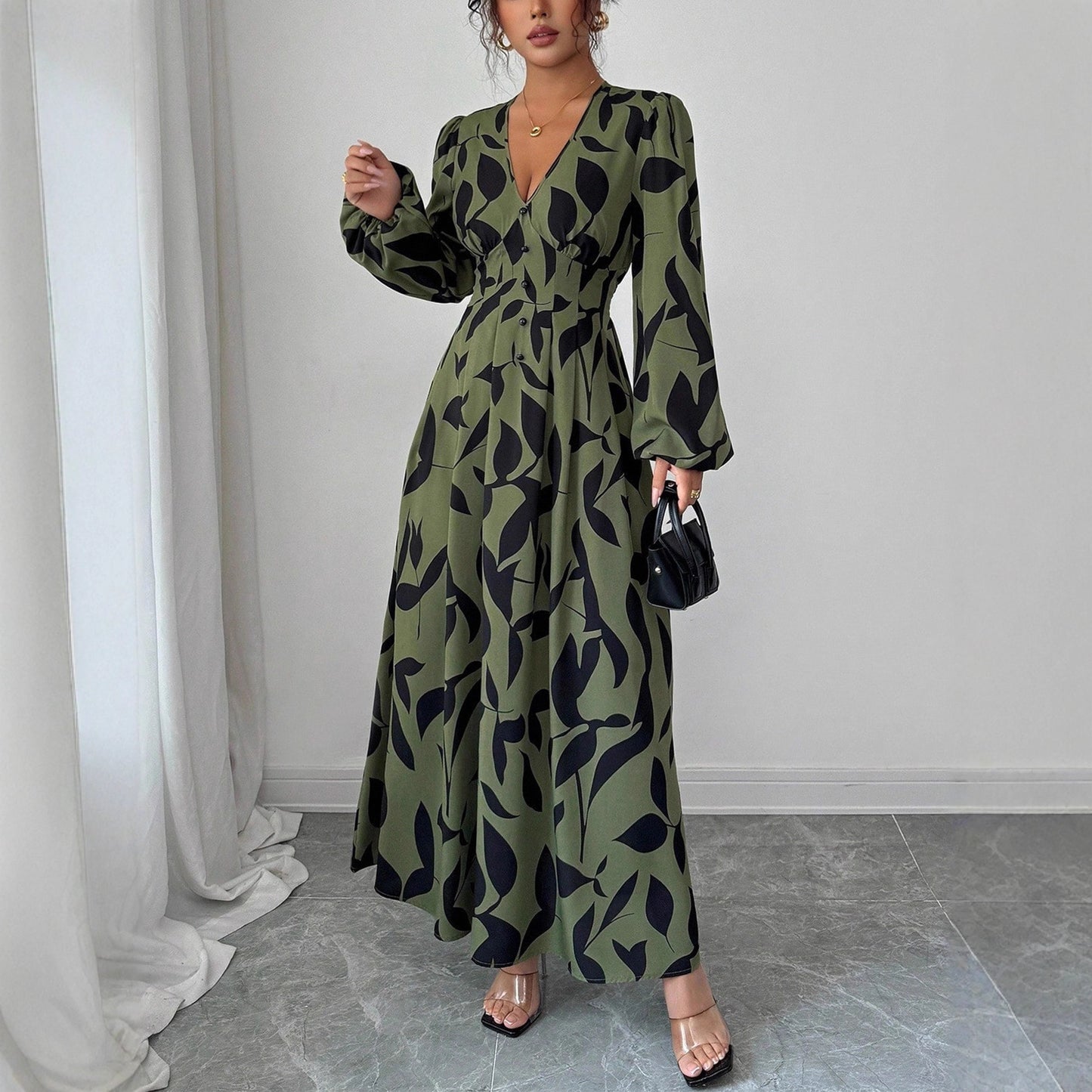 Women's V-neck Long Sleeve High Waist Dress Vacation Style Leaf Print