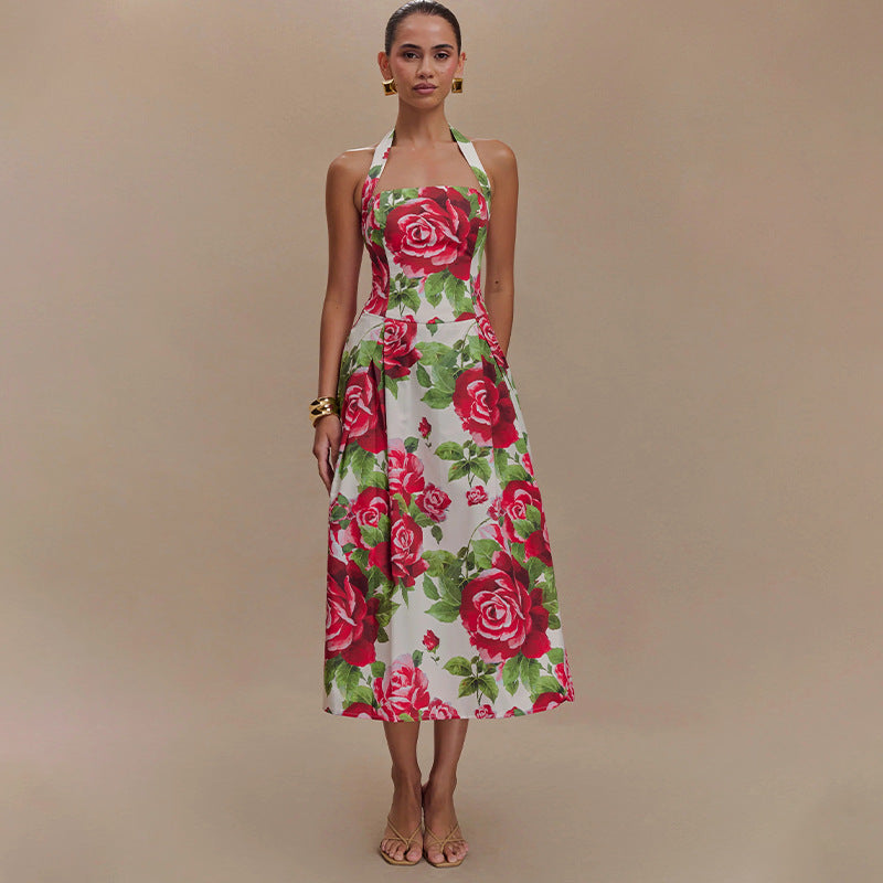 Spring New Sleeveless Backless Halter Square Collar Sling Dress