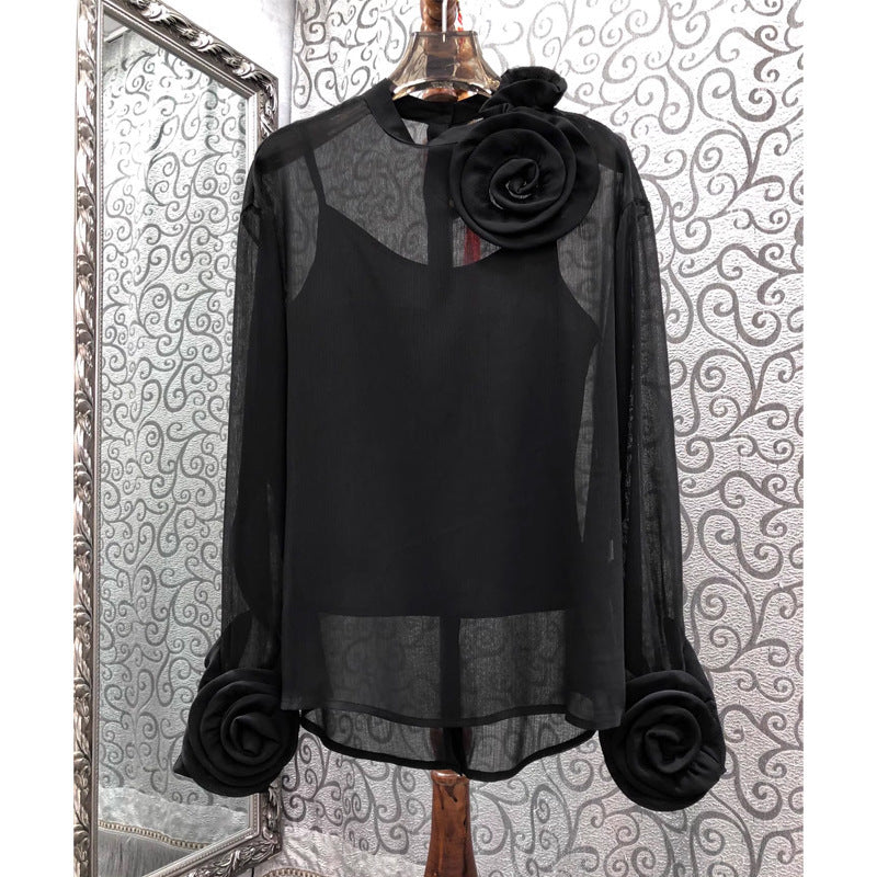 Three-dimensional Plate Flower Stand Collar Long Sleeve Slightly See-through Thin Two-piece Shirt