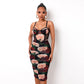 Women's New Smocked Print Square Neck Long Sleeve Slim Fit Dress