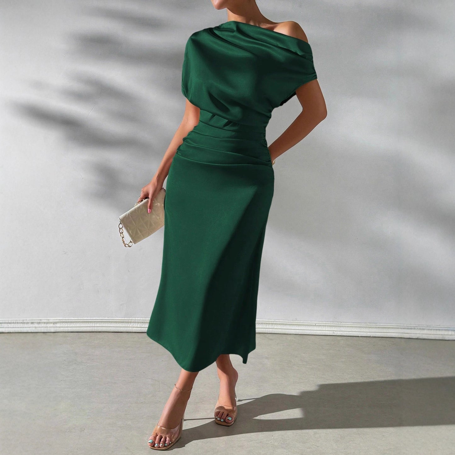 Womens Stylish Casual Off-shoulder Pleated Dress