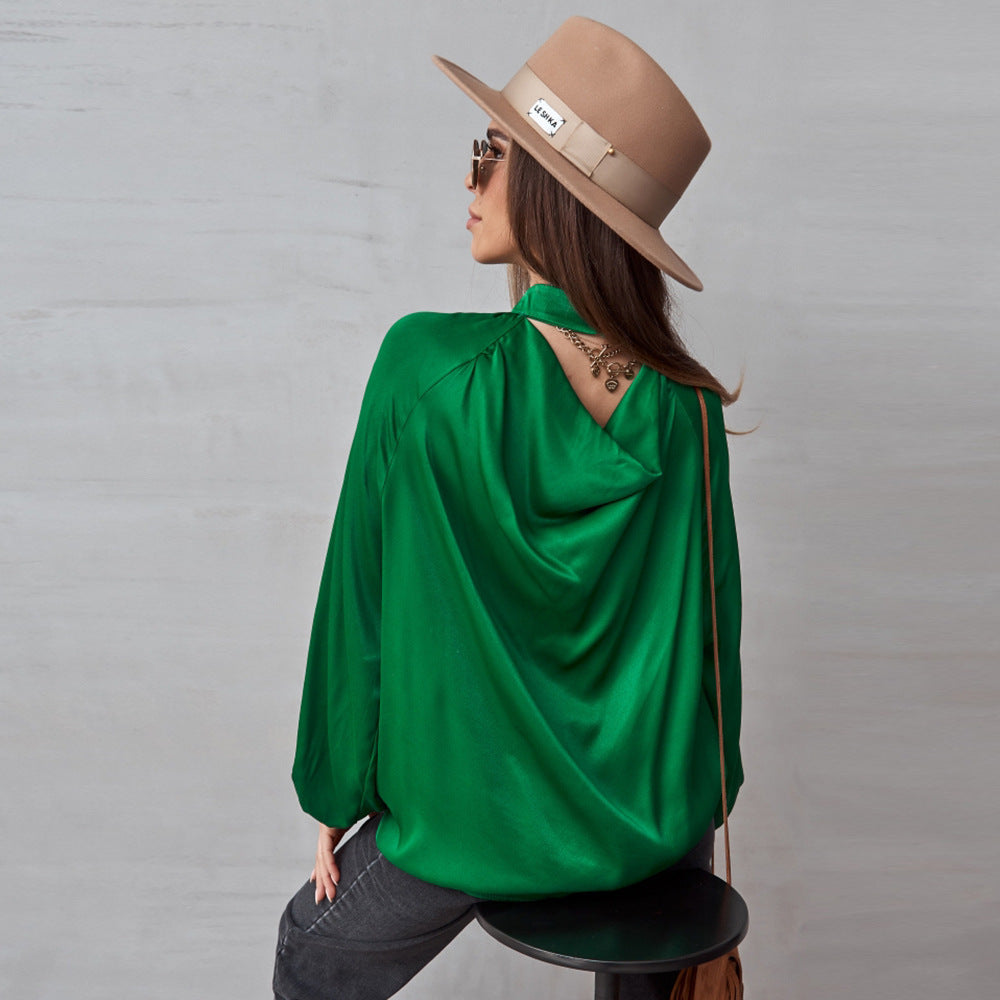 Irregular Stand Collar Stitching Lantern Sleeve Shirt Top