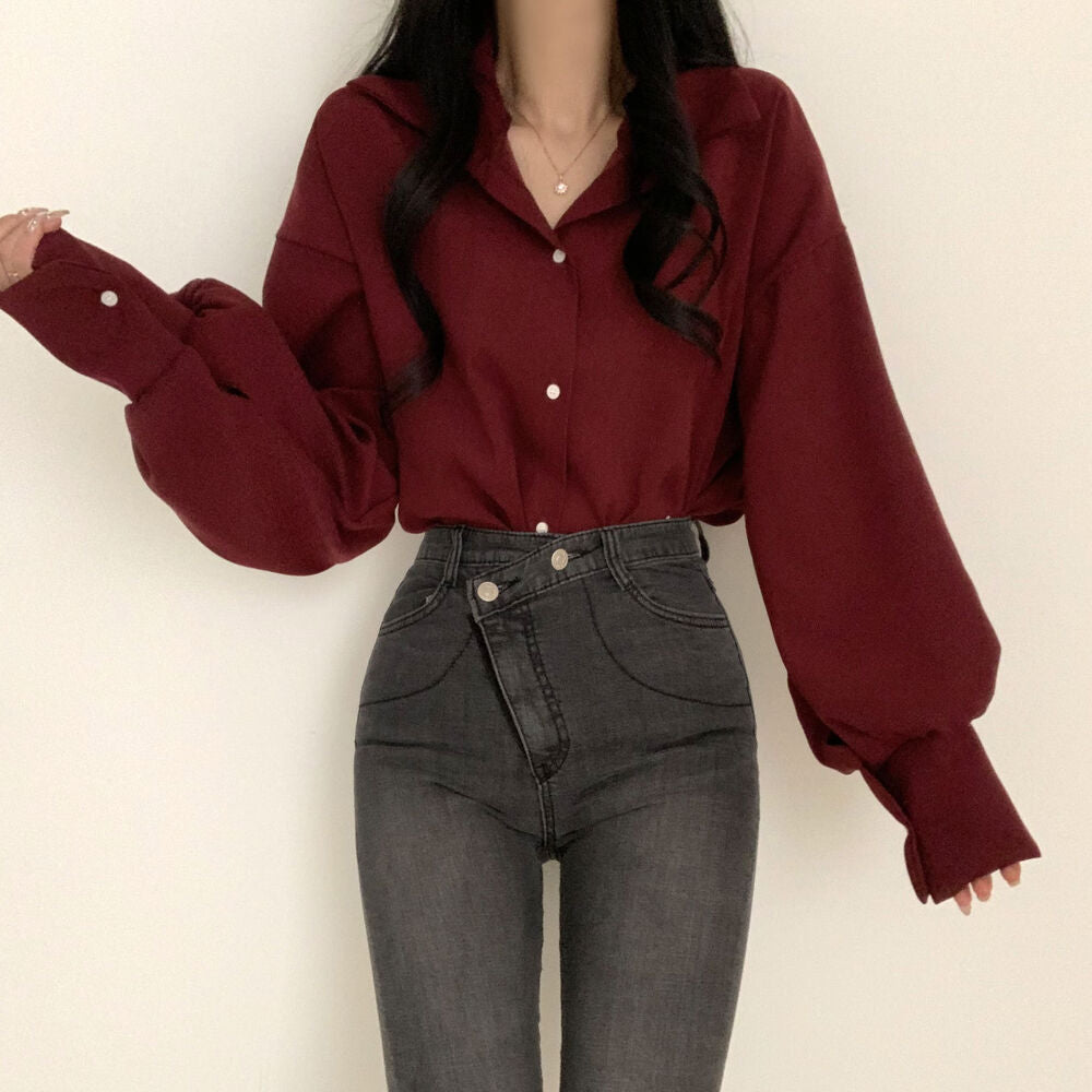 Simple Solid Color Long-sleeved Shirt For Women