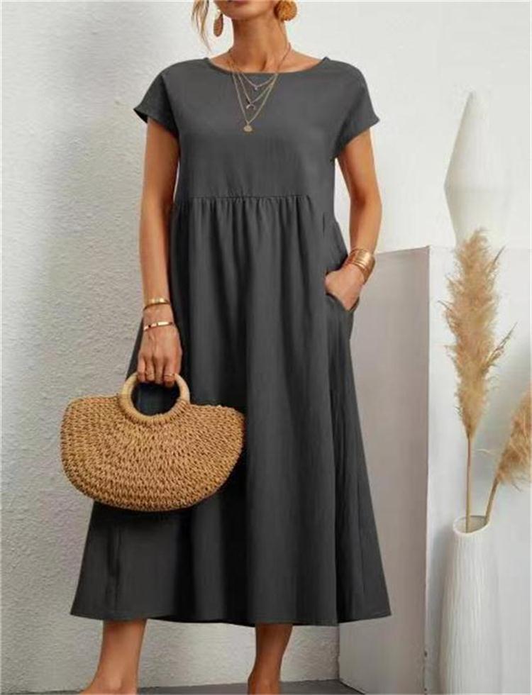European And American Solid Color Sleeveless Loose Cotton Linen Pocket Dress