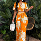 Women's Wear Tropical Printing Pleated Butterfly Sleeve Top Drawstring Wide Leg Trousers Suit