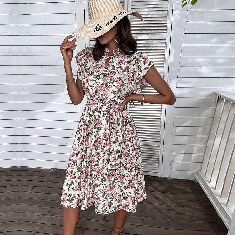 Robe plissée à fleurs et manches à volants, style européen et américain, à lacets
