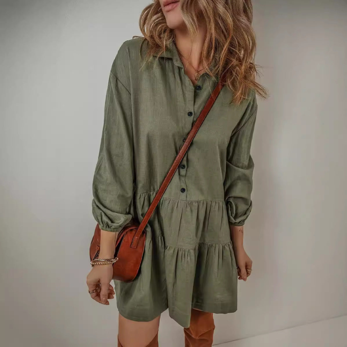 Robe à manches longues et coutures tendance pour femme, couleur unie