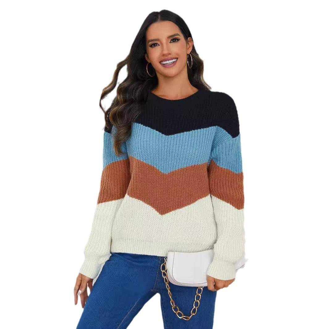 Pull de couleur contrastée, col rond, pull rayé, ample et décontracté