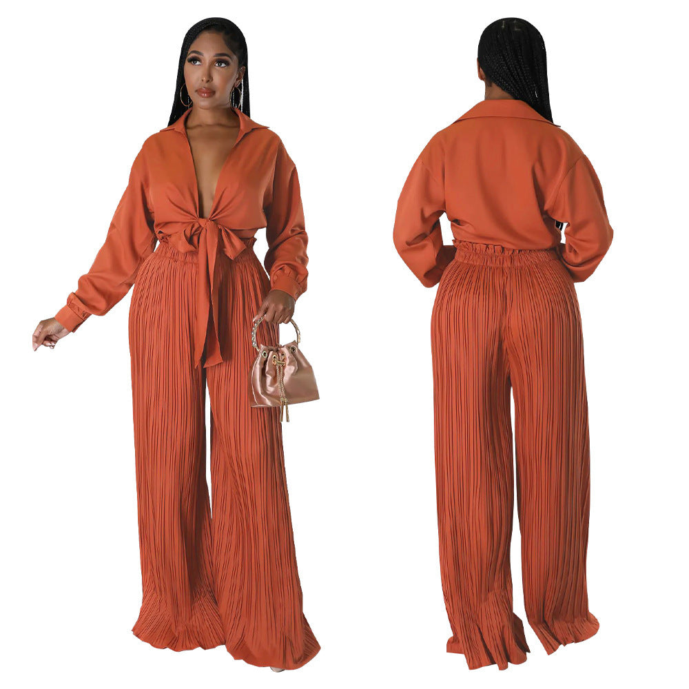 Chemisier plissé et pantalon à lacets à manches longues et col en V pour femme, best-seller de l'automne, vente en gros