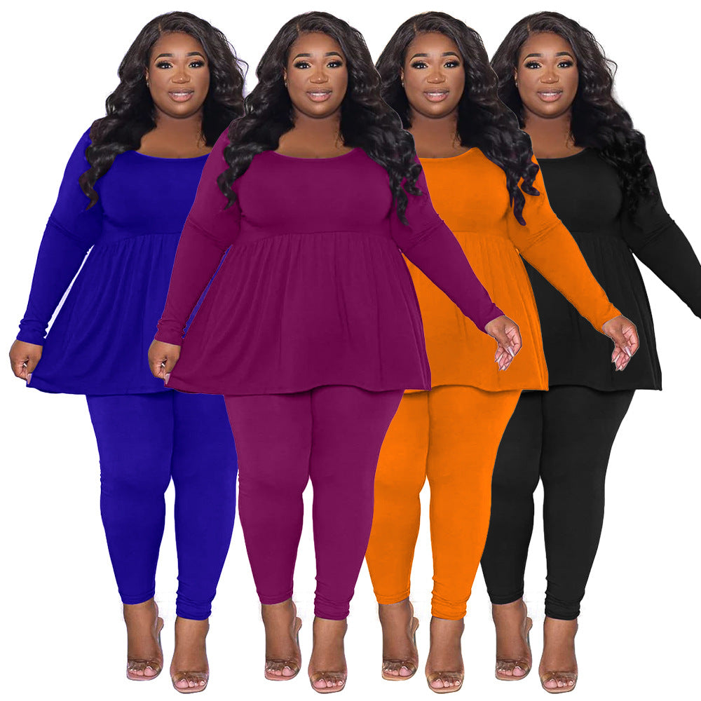 Women's Plus-Size Solid-Color Long-Sleeve T-Shirt Two-Piece Set