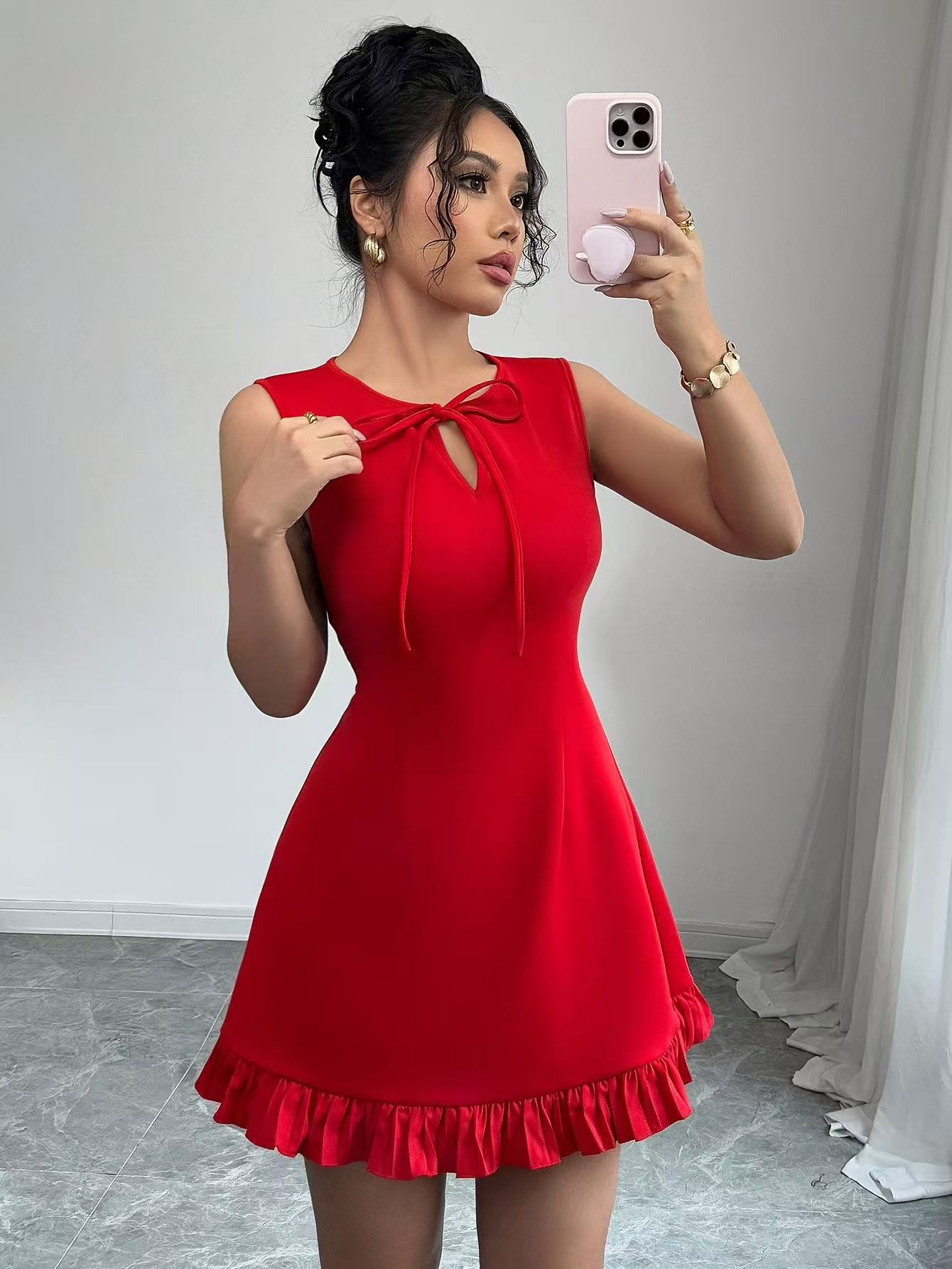 Women's Lace-up Mini Dress With Bow And Ruffled Hem