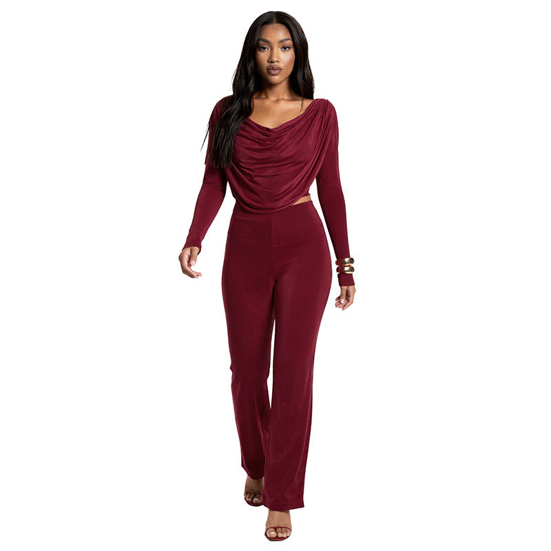 Solid-color Casual Boat-neck Long-sleeve Top And Slim-fit Pants Set