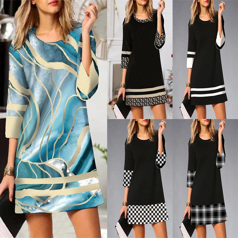 Women's Plaid Stitching Round Neck Slim Fit Dress