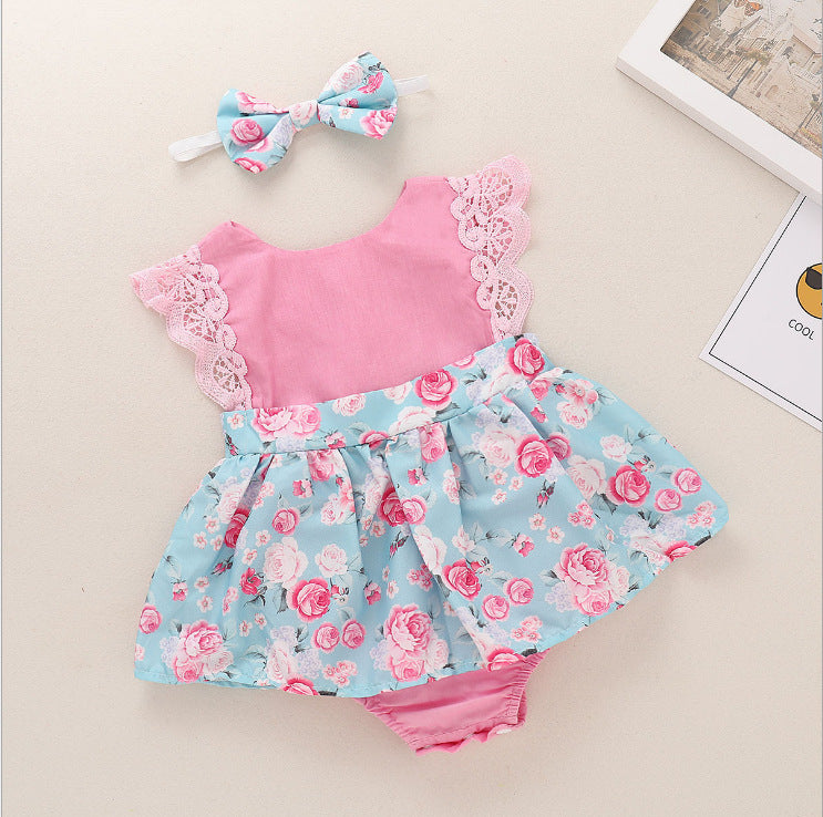 Children's Clothing Infant Lace Fly Sleeve Print Romper Dress