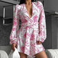 Women's V-neck Printed Lantern Sleeve Waist-tight Dress