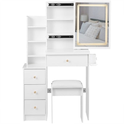 29.2 Small Size Left Bedside Cabinet Vanity Table   Cushioned Stool, 2 AC  2 USB Power Station, Hair Dryer Bracket  Extra Large Touch Control Sliding LED Mirror, Tri Color Switching, Brightness Adjust