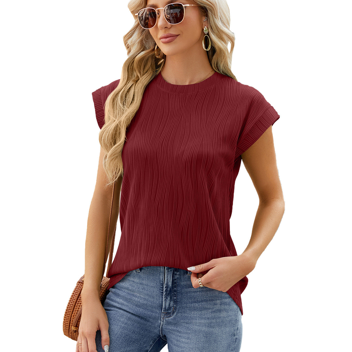 Solid Color Wave Pattern Bat-sleeve T-shirt Summer Loose Vest Casual Tank Womens Clothing