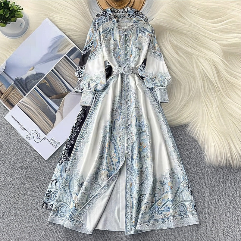 Robe imprimée à manches lanternes et revers style femme