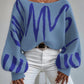 New Lantern-sleeved Pullover Sweater Fashion Line Printed Loose Tops Women's Clothing