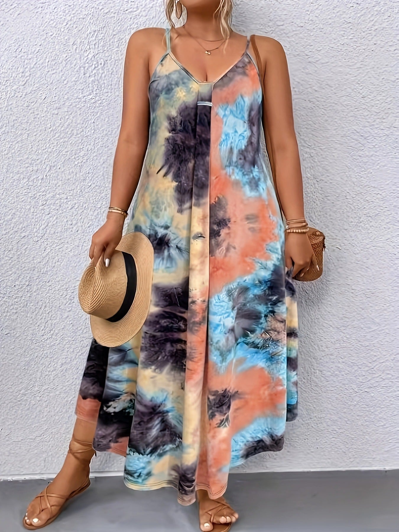 Stylish Summer Casual Loose Sleeveless V-Neck 3D Digital Print Slip Dress