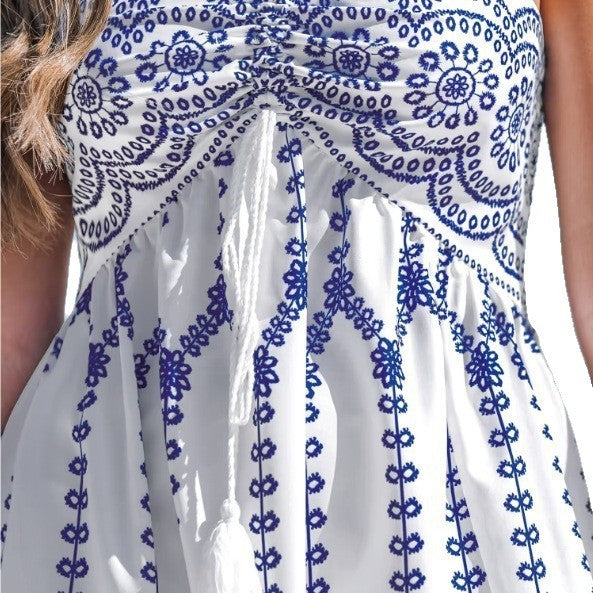 Split Printed Lace-up Tube Top Dress