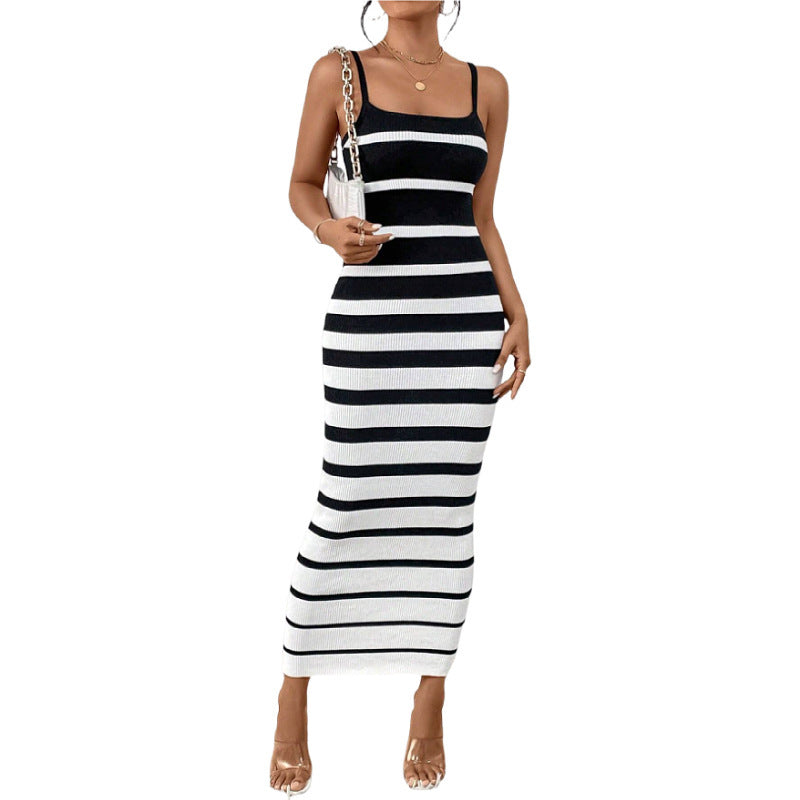 Women's Striped Spaghetti Straps Hip Dress