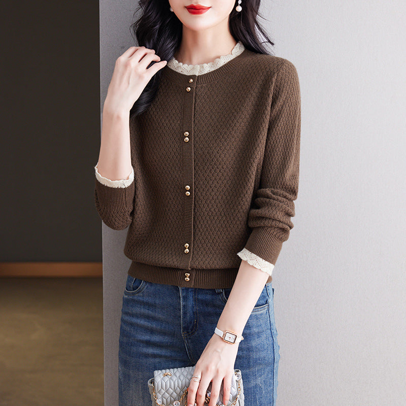 Pull tendance à manches longues et col en V avec dentelle