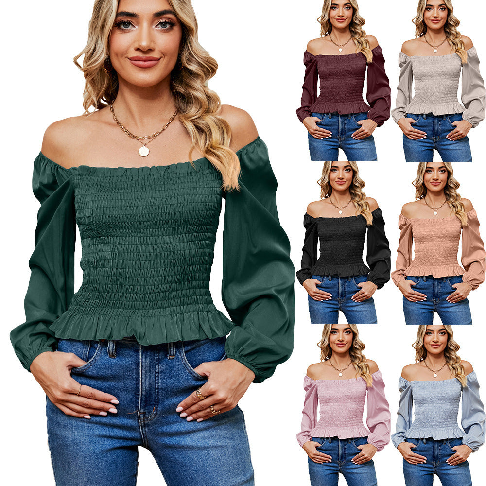 Women's Solid Color Square Collar Off-shoulder Slim Long Sleeve Top