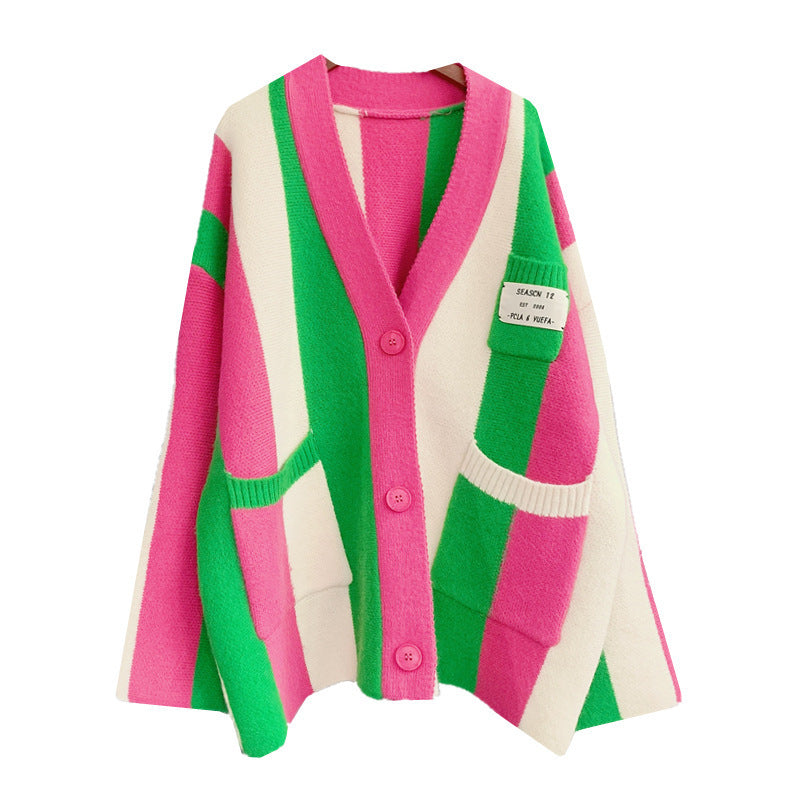 Striped Colorblock Knitted Cardigan Women's New Loose Sweater Coat