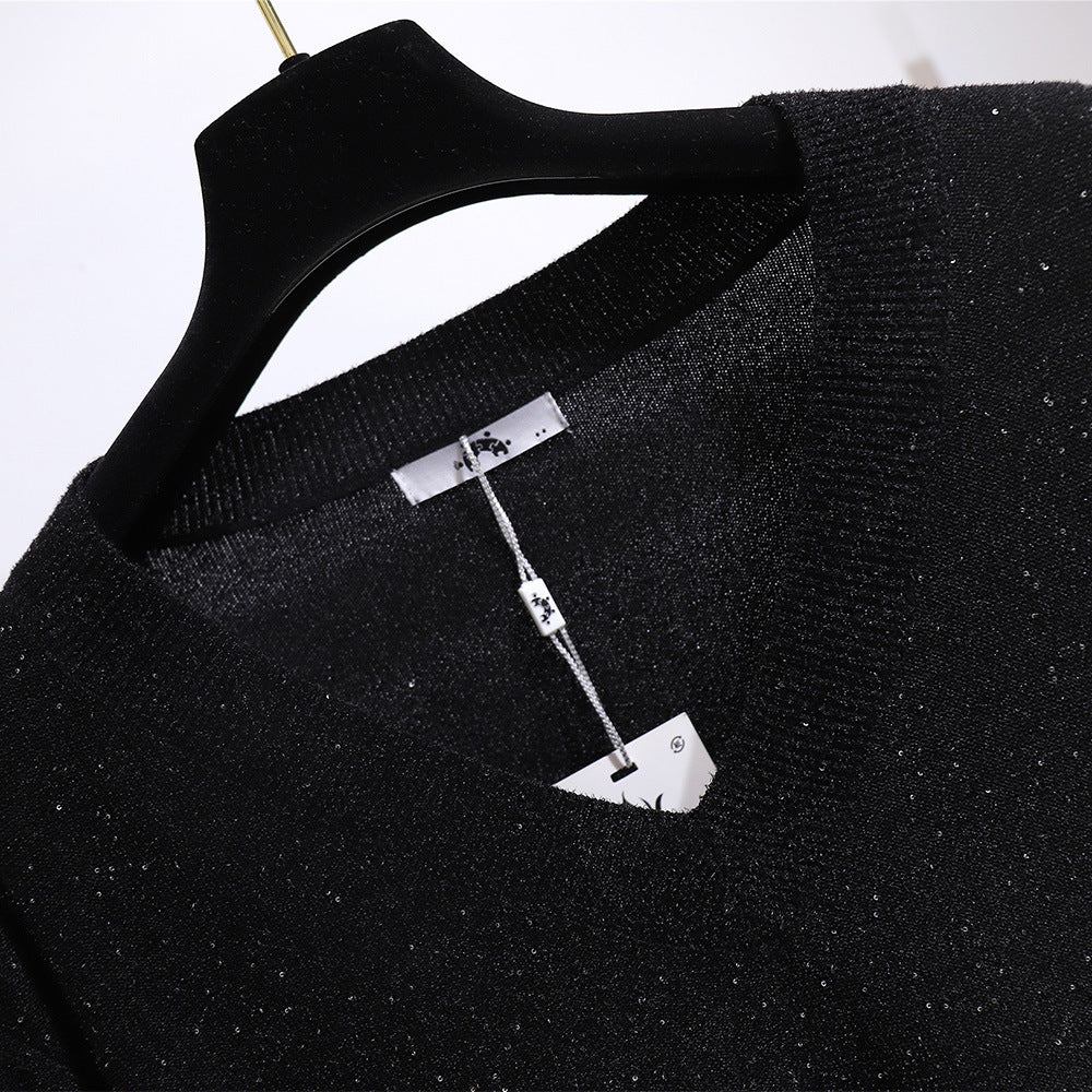 Fat Sister V-neck Sweater Korean Style Gold Velvet Skirt