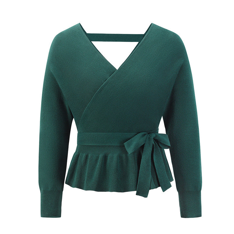 Ladies Autumn Winter Short Pullover V-Neck Knitted Top