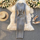 Autumn And Winter Design Sense Belt Waist Slimming Hollow Stripes Slim Fit Dress