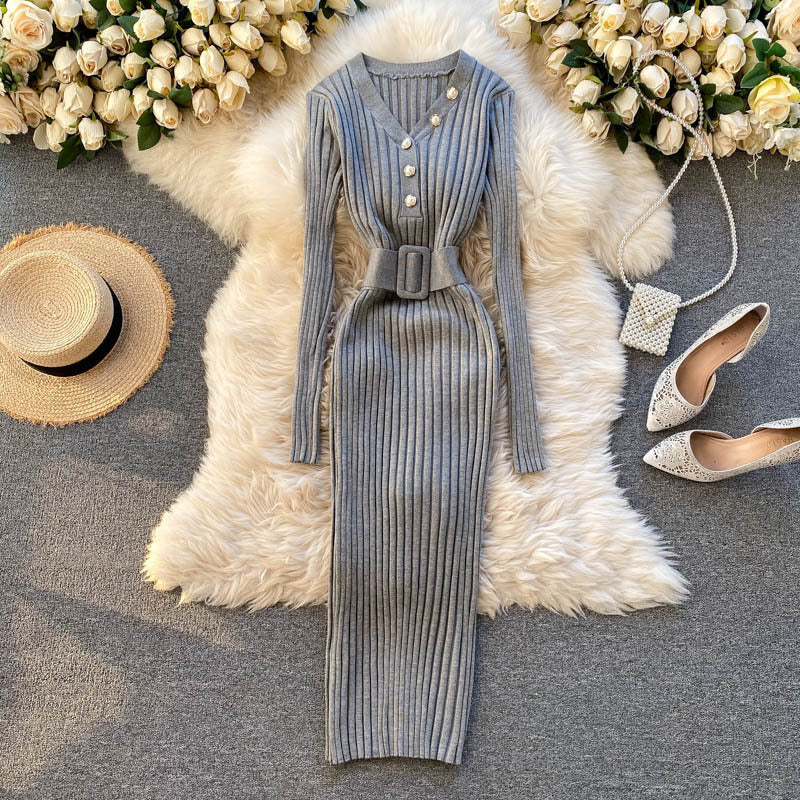 Autumn And Winter Design Sense Belt Waist Slimming Hollow Stripes Slim Fit Dress