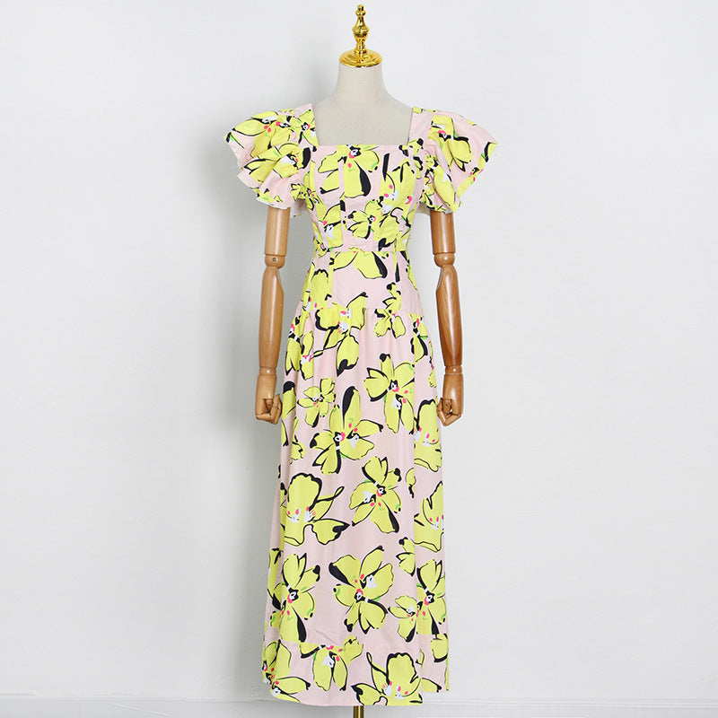 Printed Skirt Set, Square Neck Ruffle Sleeve Short Top  High Waist Drape And Large Hem Long Skirt