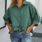Women's Casual Loose Striped Shirt With Ruffled Hem And Short Sleeves