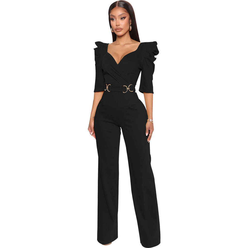 Long Sleeve V Underwear Wide Leg Jumpsuit