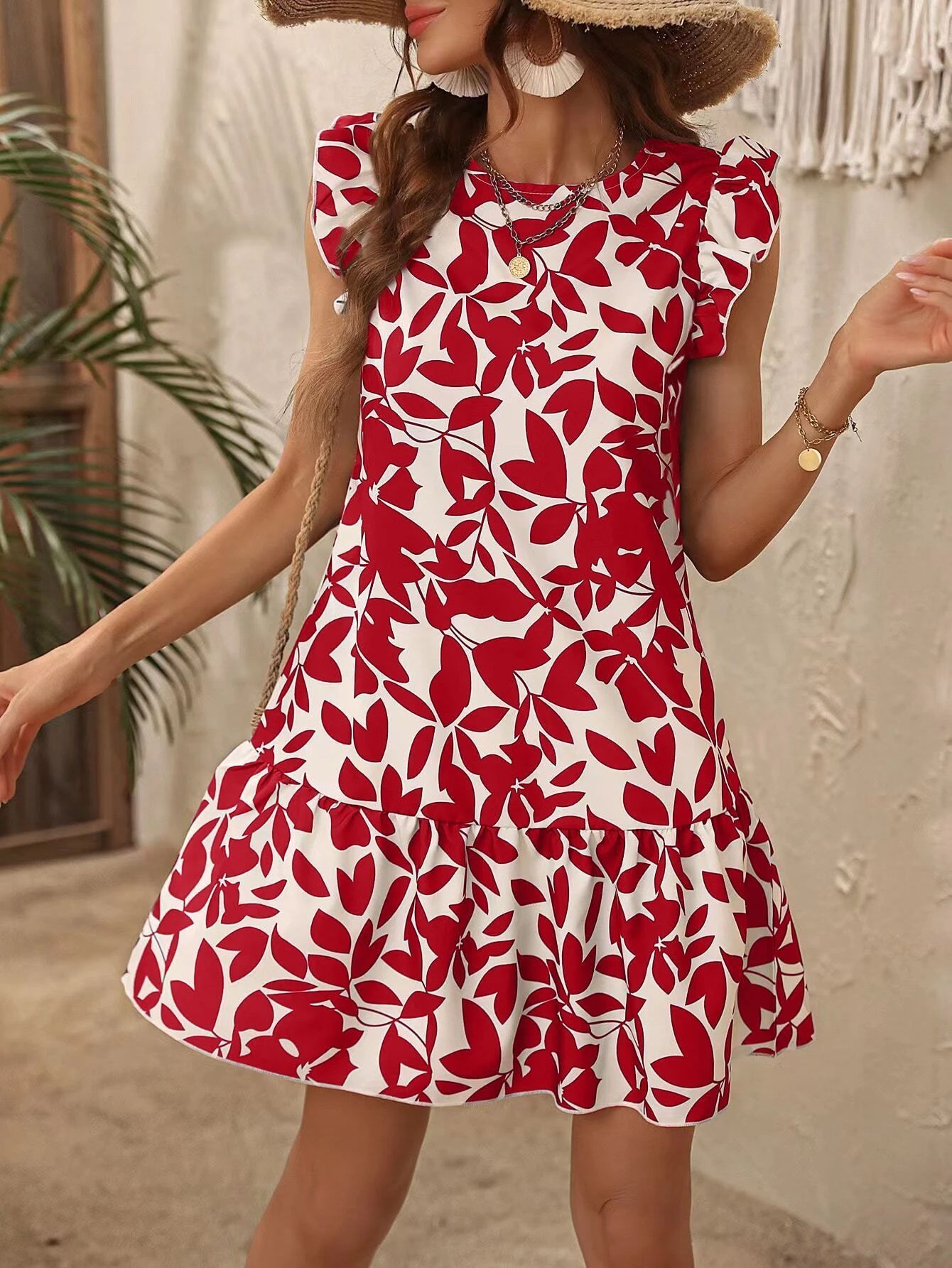 Women's Round Neck Printed Ruffles Dress