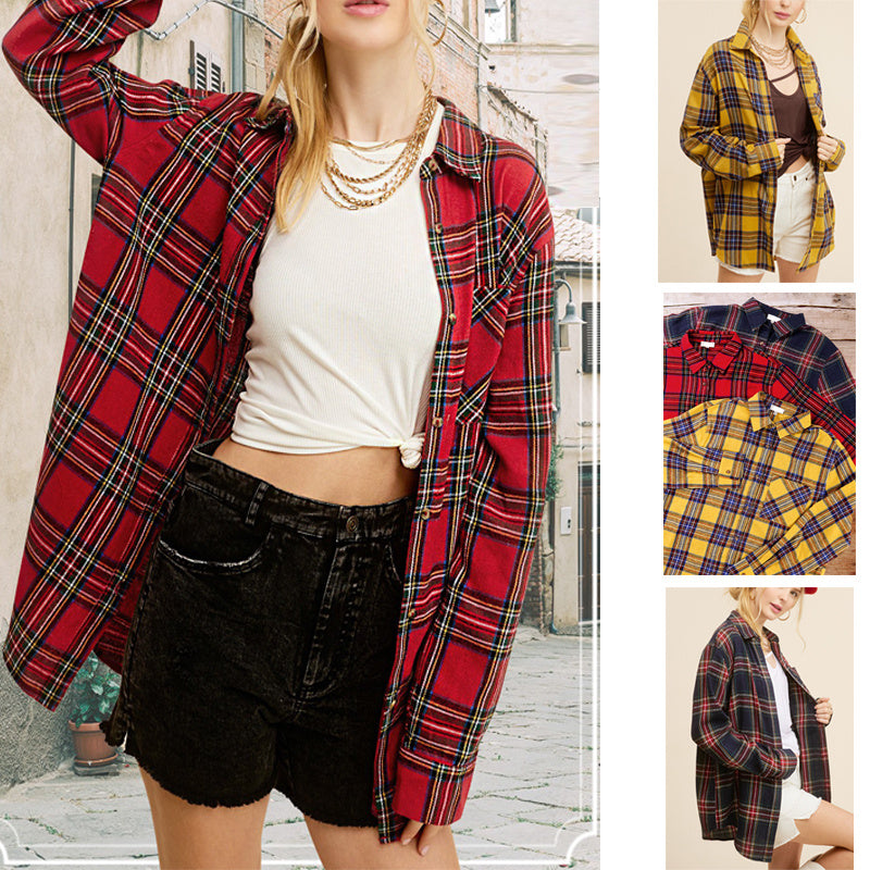 Women's Fashion Polo Collar Pocket Single-breasted Plaid Shirt