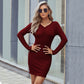V-neck Gathers Sheath Knitted Long-sleeved Dress A- Line Skirt