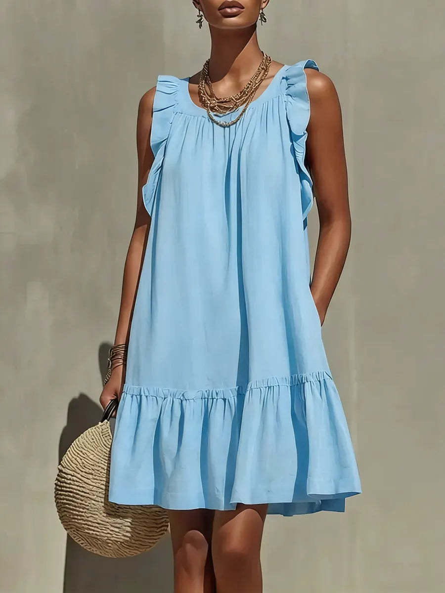 New Stylish Casual Loose Round-Neck Sleeveless Ruffle-Trim Dress