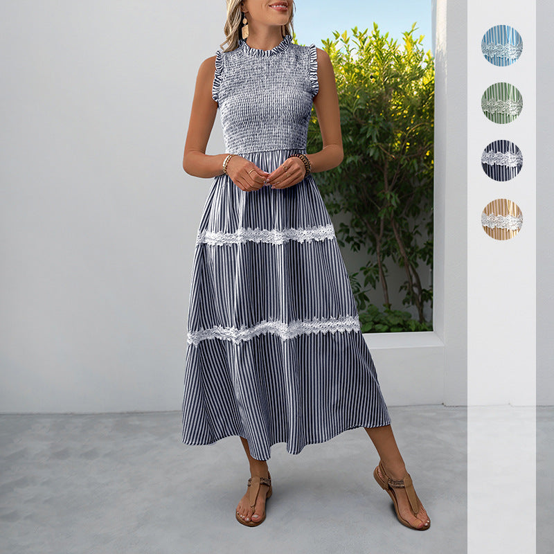 Casual Womens Lace Ruffle-neckline Sleeveless Striped Dress